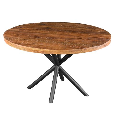 Dining Table Solid Wood Round Top With Iron Crisscrossed Legs Natural ... throughout Homeroots Set Of 3 Brown Wood Round Top Accent Tables With Iron Nesting
