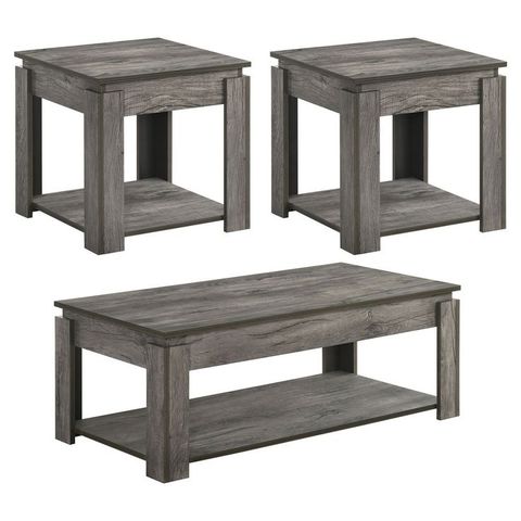 Donal 3-Piece Occasional Set With Open Shelves Weathered Grey ... within Farmhouse Coffee Table Set With X-Side Detail And Built-In Storage, Dark Gray Hickory