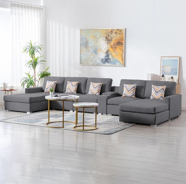 Dropship Nolan 163&quot; Gray Linen Fabric 6Pc Double Chaise Sectional Sofa With Interchangeable Legs ... regarding Nolan Gray Linen 6Pc Double Chaise Sectional Sofa With Storage Ottoman, Pillows