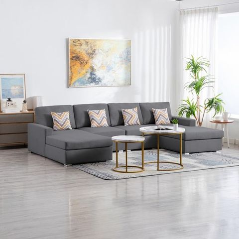 Dropship Nolan Gray Linen Fabric 4Pc Double Chaise Sectional Sofa With Pillows And ... inside Unpacking the Nolan Gray 6-Piece Double Chaise Sectional A Comprehensive Look