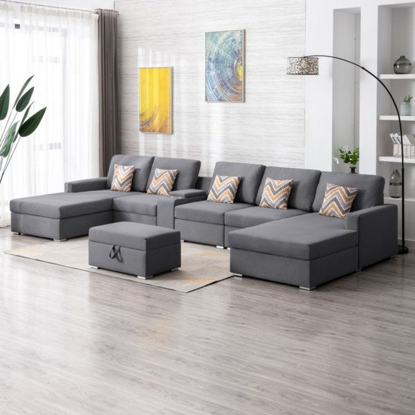 Ebern Designs Nolan Linen Fabric 7Pc Double Chaise Sectional Sofa With ... regarding Unpacking the Nolan Gray 6-Piece Double Chaise Sectional A Comprehensive Look