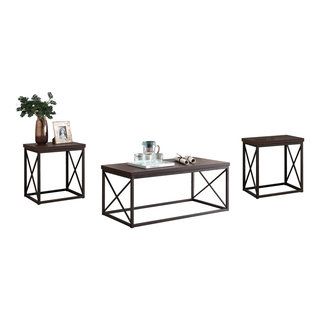 Elantra 3 Piece Coffee Table Set, Brown Wood Top And Pewter Metal Frame ... for Modern Industrial Gray Coffee Table Set With Pewter Metal Frame And Fir Wood Top