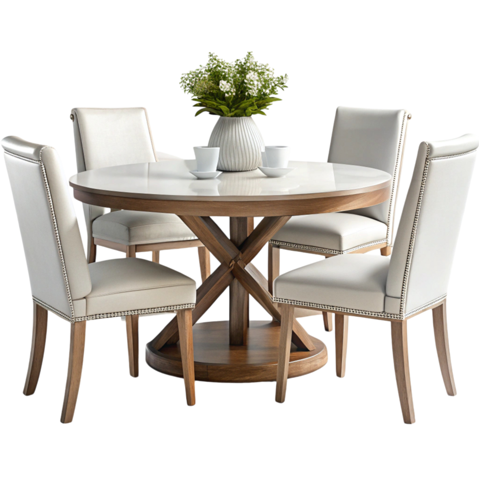 Elegant Round Wooden Dining Table With Cream Upholstered Chairs And ... with regard to Wooden Dining Table With Upholstered Chairs