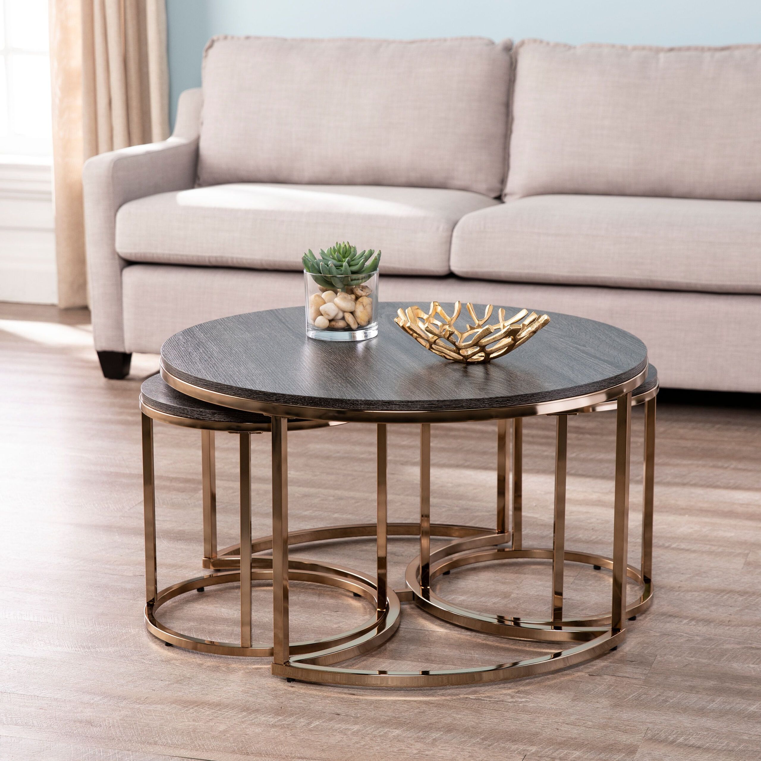 Ember Interiors Lokyle Metal And Wood Round Nesting Coffee Table, 3-Piece Set, Espresso ... intended for Maklaine Round Metal Nested Coffee Table Set In Champagne / Espresso