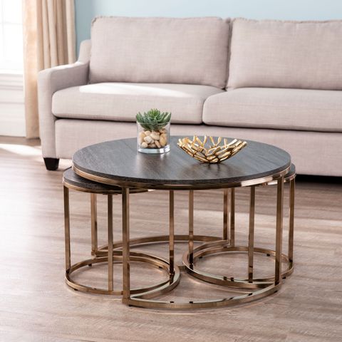 Ember Interiors Lokyle Metal And Wood Round Nesting Coffee Table, 3-Piece Set, Espresso ... intended for Maklaine Round Metal Nested Coffee Table Set In Champagne / Espresso