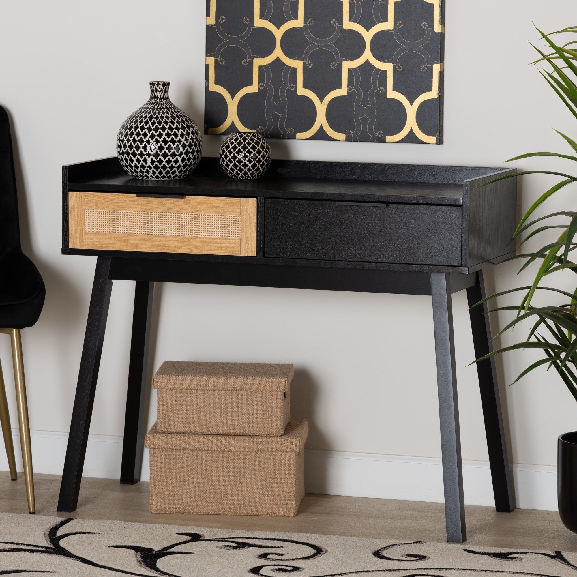 Emmett Mid-Century Modern Light Brown Finished Wood 1-Drawer End Table ... with Mid-Century Modern 2-Tone Black And Oak Brown Finished Wood 2-Piece Coffee Table