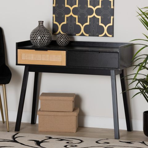 Emmett Mid-Century Modern Light Brown Finished Wood 1-Drawer End Table ... with Mid-Century Modern 2-Tone Black And Oak Brown Finished Wood 2-Piece Coffee Table