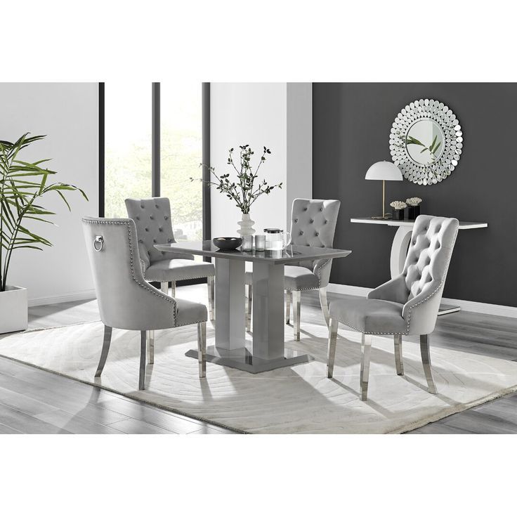 Eubanks Double Pedestal High Gloss Dining Table Set With 4 Luxury ... intended for Luxury Dining Table With Velvet Chairs