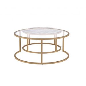 Everly Quinn 36&quot; Clear White And Gold Glass Faux Marble And Iron Round ... intended for Creating a Stylish Living Space with Nested Coffee Table Sets