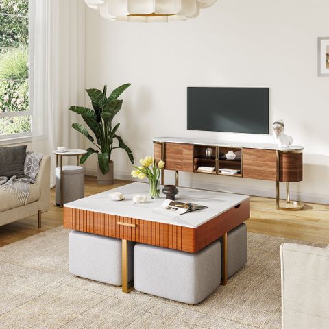 Everly Quinn Kreitman Lift Top Extendable Nesting Coffee Table Set With ... for 5-Piece Coffee Table Set With 4 Storage Stools, Black