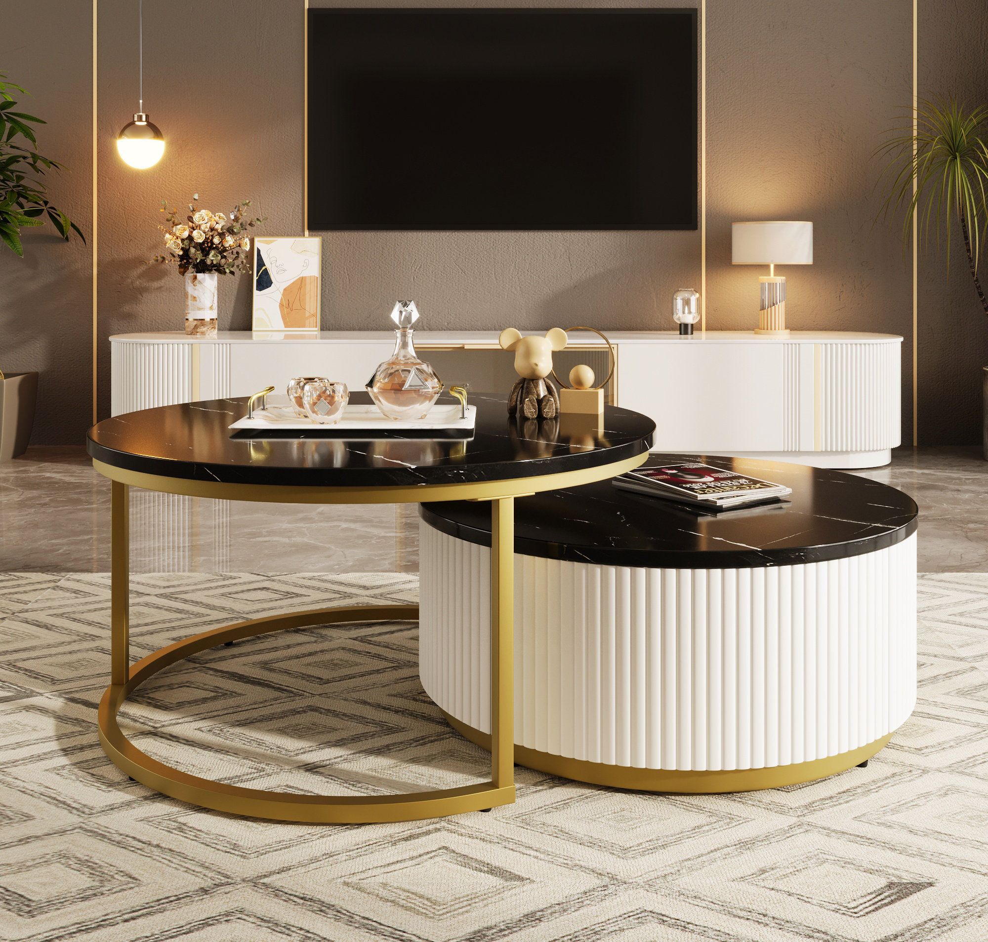Everly Quinn Modern Round Nesting Coffee Table Fluted With Drawer In Black &amp; Gold | Wayfair in Gewnee Modern Round Nesting Coffee Table Fluted, Black