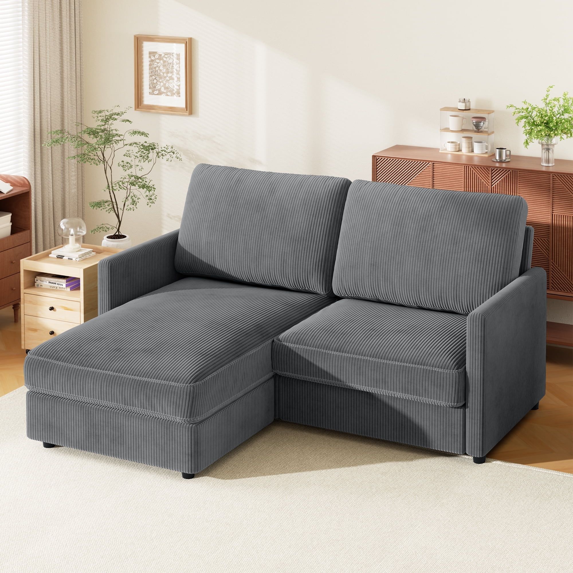 Extra Comfy 71” Corduroy Sectional Sofa Bed, Neche L-Shaped Couch With ... within L-Shaped Corduroy Sectional Sofa With 6 Pillows In Gray