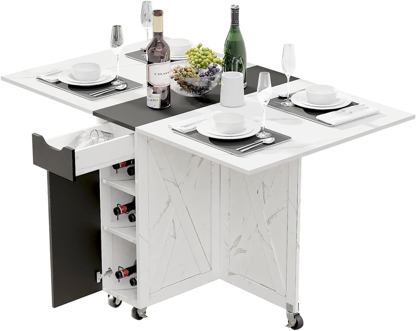 Folding Dining Table, Dinner Table With Drawer And Storage And Shelves ... pertaining to Space Saving Dining Table With Wheels