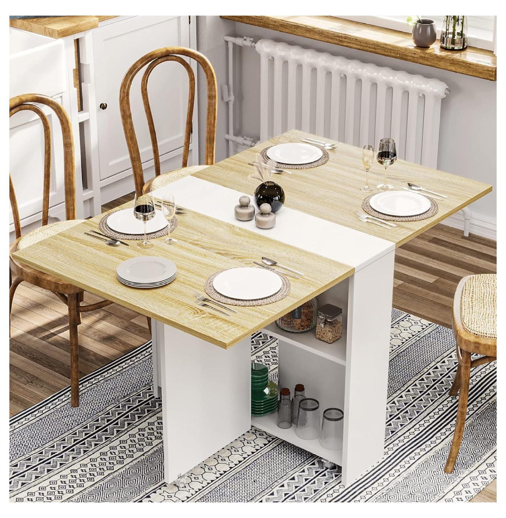Folding Dining Table With 6 Casters, Drop Leaf Dining Table With ... intended for How to Choose the Perfect Extendable Dining Table with Built-in Shelving