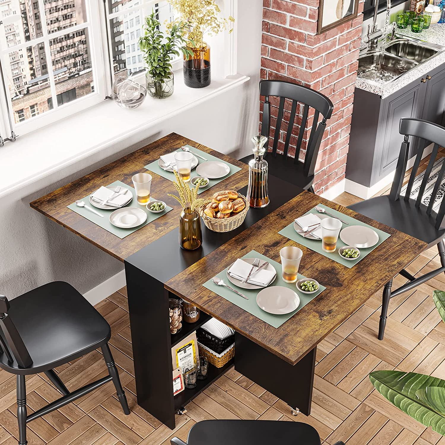 Folding Dining Table With 6 Wheels, Kitchen Table With 2-Layer Storage ... with regard to Affordable Dining Table For First Apartment
