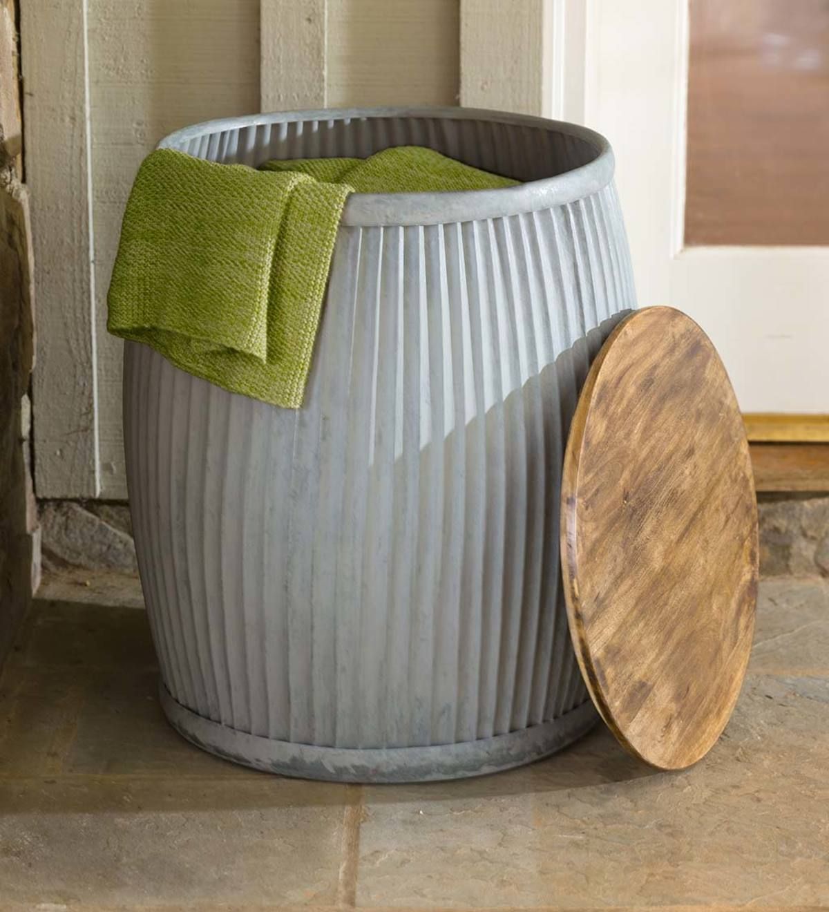 Galvanized Metal Barrel Storage Table With Wooden Lid | Plow &amp; Hearth ... for Crafting Your Industrial Grid End Table With Lid Handles Set of 2 Galvanized Gray Brown