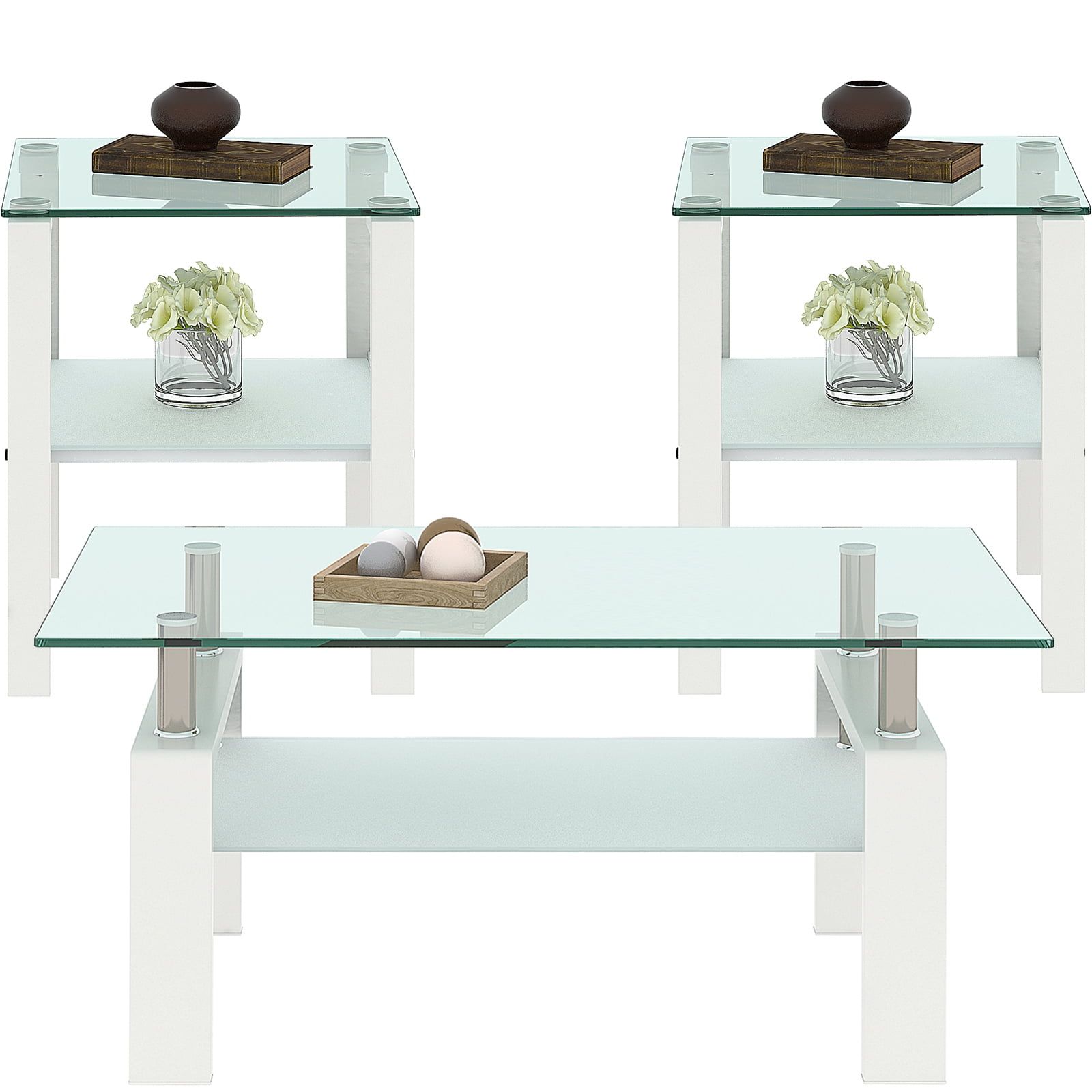 Glass Coffee Table Set Of 3 Piece, Living Room Table Set Of 3, White ... regarding Design Inspiration Featuring the Payne 2-Piece Distressed White Table Set