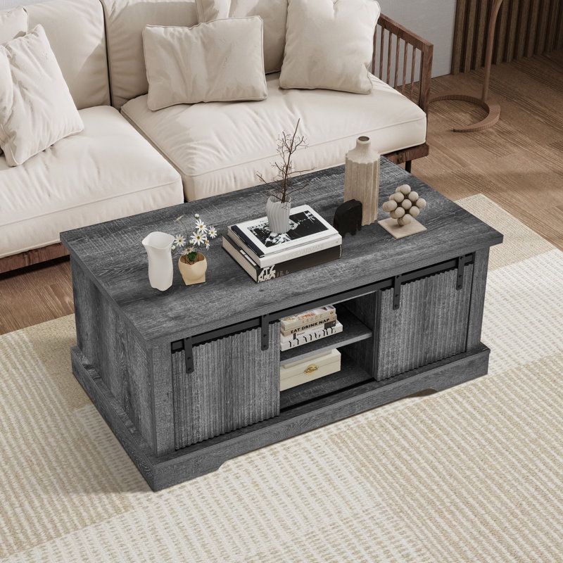 Gracie Oaks Farmhouse Coffee Table With Storage Sliding Barn Door | Wayfair intended for Unlocking the Potential of Your Farmhouse Coffee Table with X-Side Detail