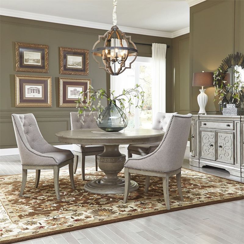 Grand Estates Antique Gray Round Dining Table Set With Linen Parsons ... regarding Antique Rustic Gray Round Dining Table
