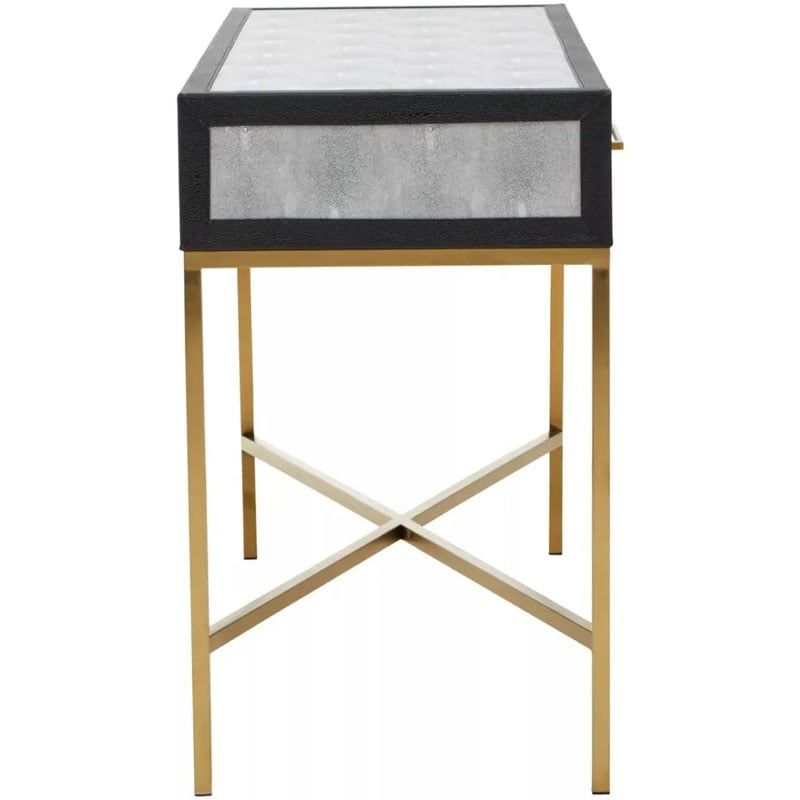 Grey Faux Shagreen Leather And Gold Metal 2 Drawer Console Table Desk | Picture Perfect Home intended for Choosing the Perfect Black Faux Shagreen End Table for Your Home