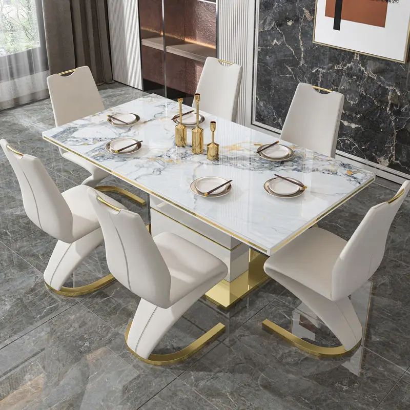 Hanyee White Luxury Marble Dining Table Set 6 Chairs Sintered Stone Top ... with regard to Luxury Marble Dining Table For Dining Hall