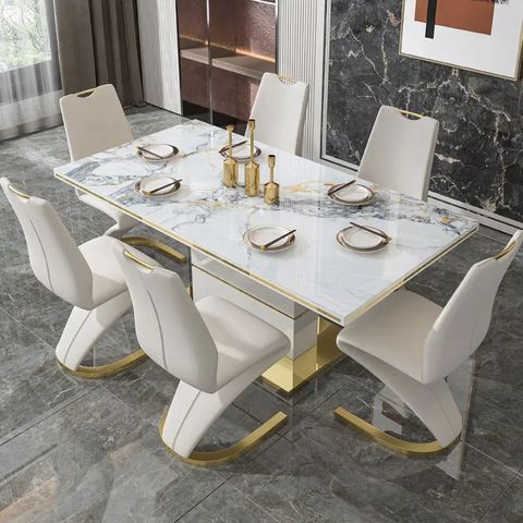 Hanyee White Luxury Marble Dining Table Set 6 Chairs Sintered Stone Top ... with regard to Luxury Marble Dining Table For Dining Hall