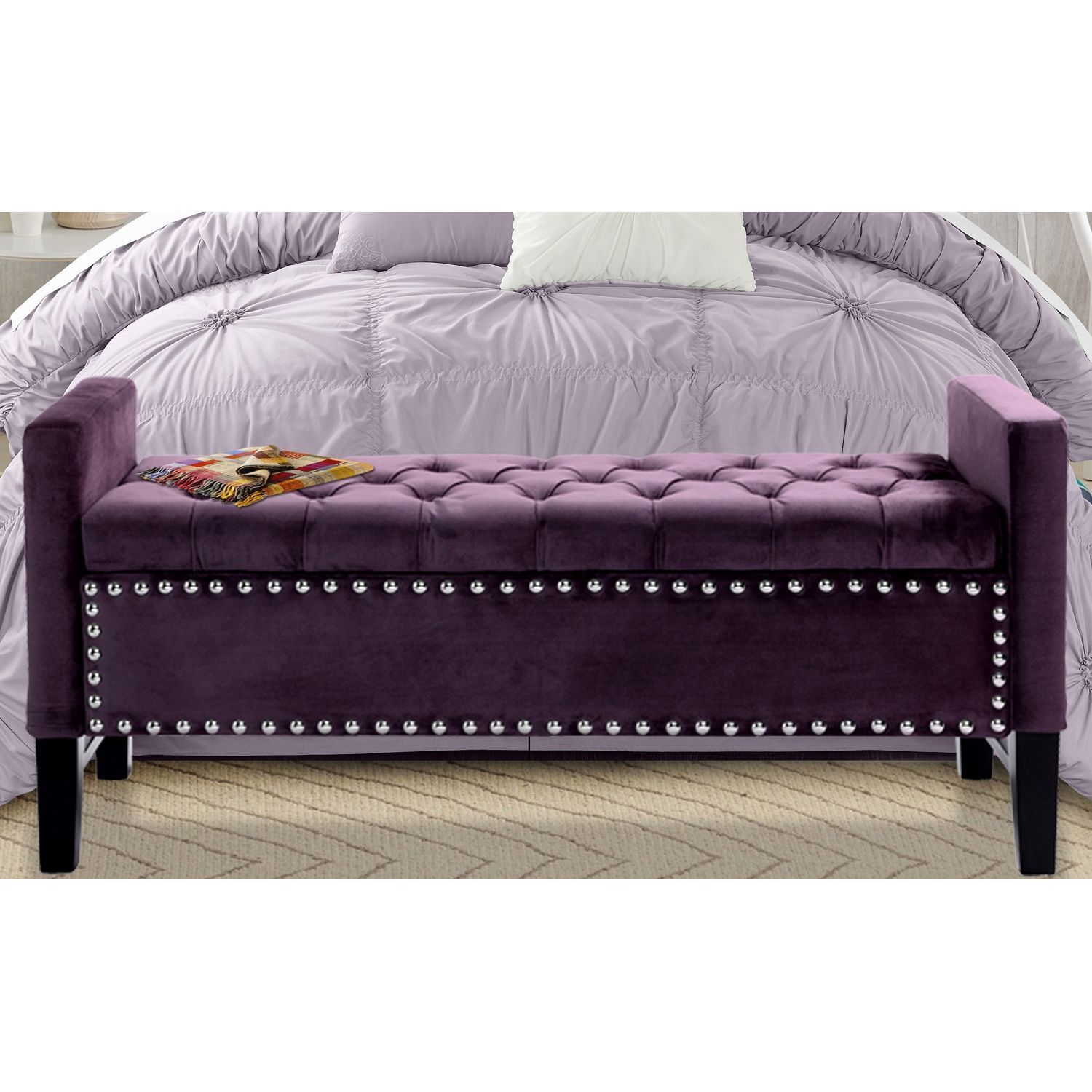 Harvey Purple Velvet Storage Bench | Upholstered Storage Bench, Tufted Storage Bench, Bedroom ... pertaining to 45&quot; Plum And Purple Upholstered Velvet Bench