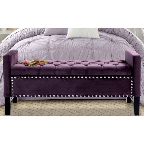 Harvey Purple Velvet Storage Bench | Upholstered Storage Bench, Tufted Storage Bench, Bedroom ... pertaining to 45" Plum And Purple Upholstered Velvet Bench