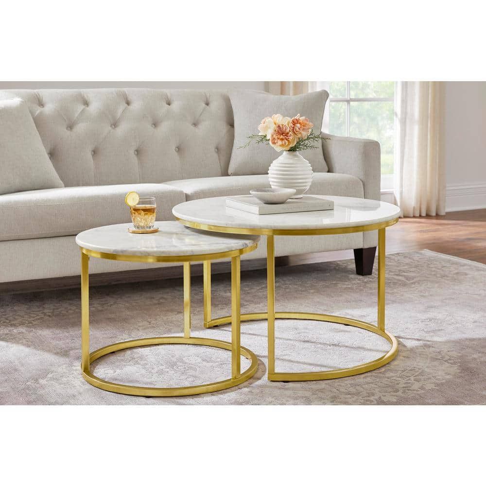 Home Decorators Collection Cheval 2-Piece 31 In. Gold/Marble Medium ... within 3-Piece Coffee Table Set With Crossed Metal Base And Round Marble Tops, White Marble/Matte Gold