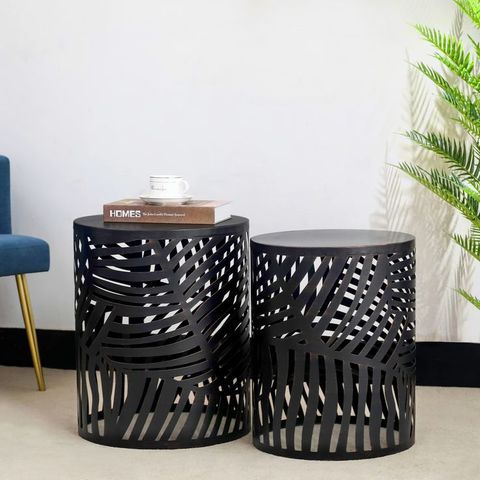 Homebeez Metal Accent Table, Set Of 2 Nesting Decorative Round End ... inside Round Wooden Top Metal Accent Table, Set Of 2, Gray And Black