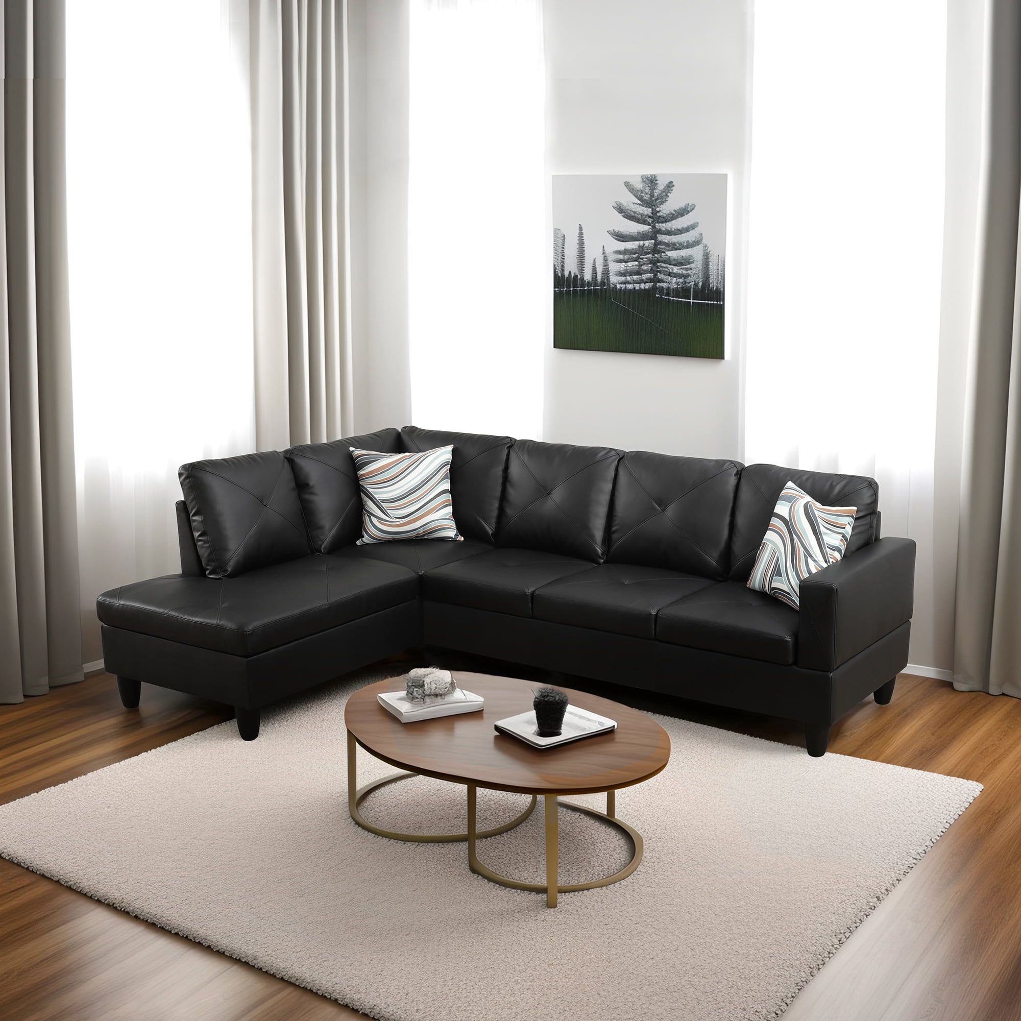 Hommoo Faux Leather Modern Sectional Sofa, Living Room Furniture Sets,L ... in Black Faux Leather L Shaped Sofa