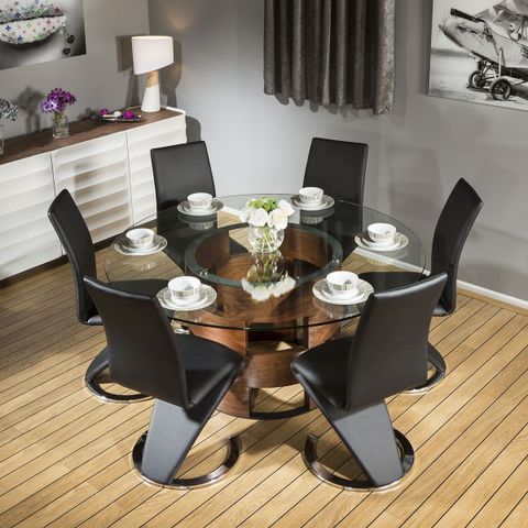 Huge Round Glass Top Walnut Dining Table Set + 6 Black Z Shaped Chairs In 2020 | Glass Round ... with regard to Understanding the Design of the Miranda Kerr Gold Glass Dining Table
