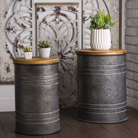 Industrial Barrel End Table Set With Storage Galovanized Metal Drum And ... regarding Industrial Grid End Table With Lid Handles Set Of 2 Galvanized Gray Brown