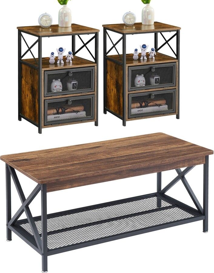 Unveiling the Industrial Coffee Table Set with Cantilever Design & Aged Bronze Frames