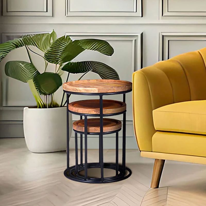Industrial Rustic Set Of 3 Nesting Solid Mango Wood Side Tables With Black Metal Bases | Picture ... for Set Of 2 Nesting End Tables With Mango Wood Top And Gold Metal Base, Walnut Brown/Gold