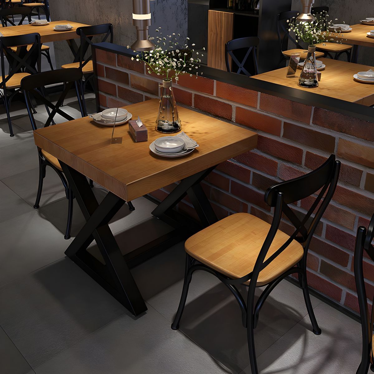 Industrial Wood Dining Table For Restaurant Square Table With Trestle ... regarding The Psychology Behind Choosing Industrial Wooden Dining Tables with Matte Surfaces