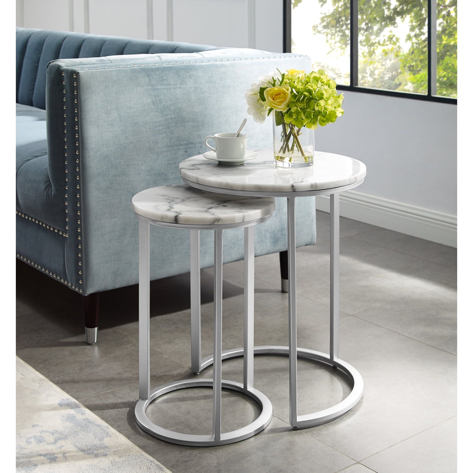 Inspired Home Asbille Nesting End Table Round Natural Marble Top ... inside Metal, Set Of 2 16X18&quot;/19X23&quot; Nested Round Side Tables