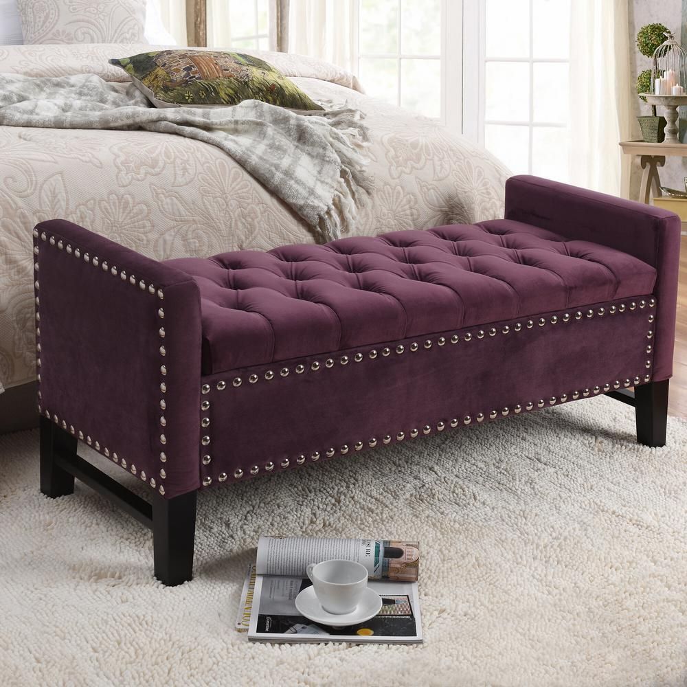 Inspired Home Emmaline Plum Velvet Storage Bench Button Tufted Nailhead Trim | Upholstered ... for 45&quot; Plum And Purple Upholstered Velvet Bench