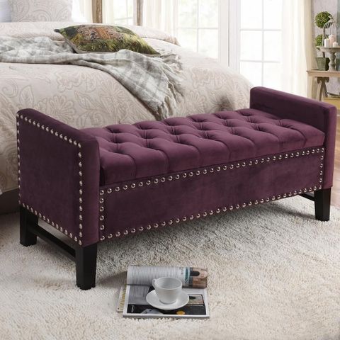 Inspired Home Emmaline Plum Velvet Storage Bench Button Tufted Nailhead Trim | Upholstered ... for 45" Plum And Purple Upholstered Velvet Bench