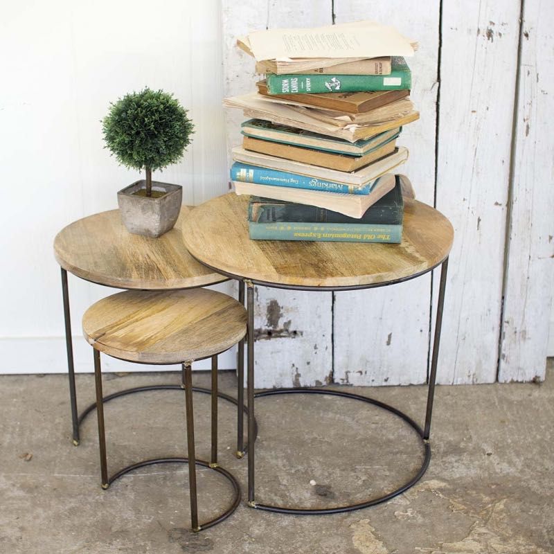 Iron And Mango Wood Top Nesting Tables, Set Of 3 with regard to Set Of 2 Nesting End Tables With Mango Wood Top And Gold Metal Base, Walnut Brown/Gold