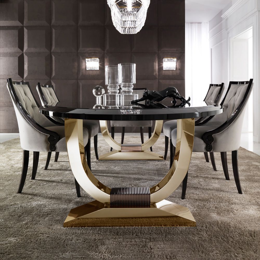 Italian Black Lacquered Gold Oval Dining Set - Juliettes Interiors ... throughout Material Matters: Choosing the Right Finishes for Contemporary Luxury Dining Tables