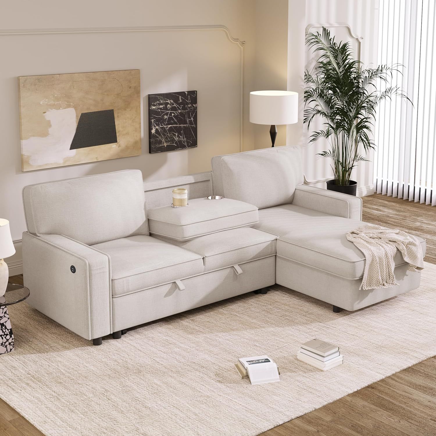 Julyfox L Sectional Sofa Sleeper With Storage Chaise, Beige Color ... throughout Devonshire Sleeper Sectional Sofa Storage Chaise Camel