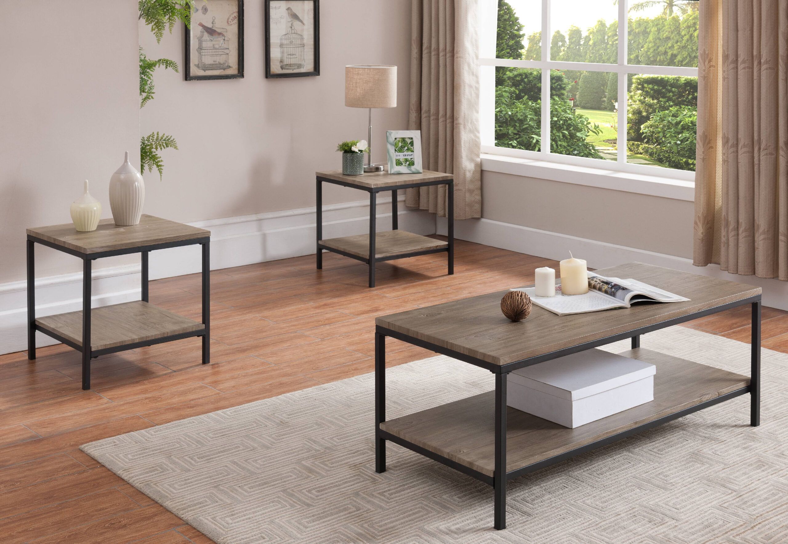 Kinley 3 Piece Coffee Table Set, Gray Wood &amp; Black Metal, Industrial ... with 3-Piece Rectangular Wooden Coffee Table Set With Tapered Legs, Black