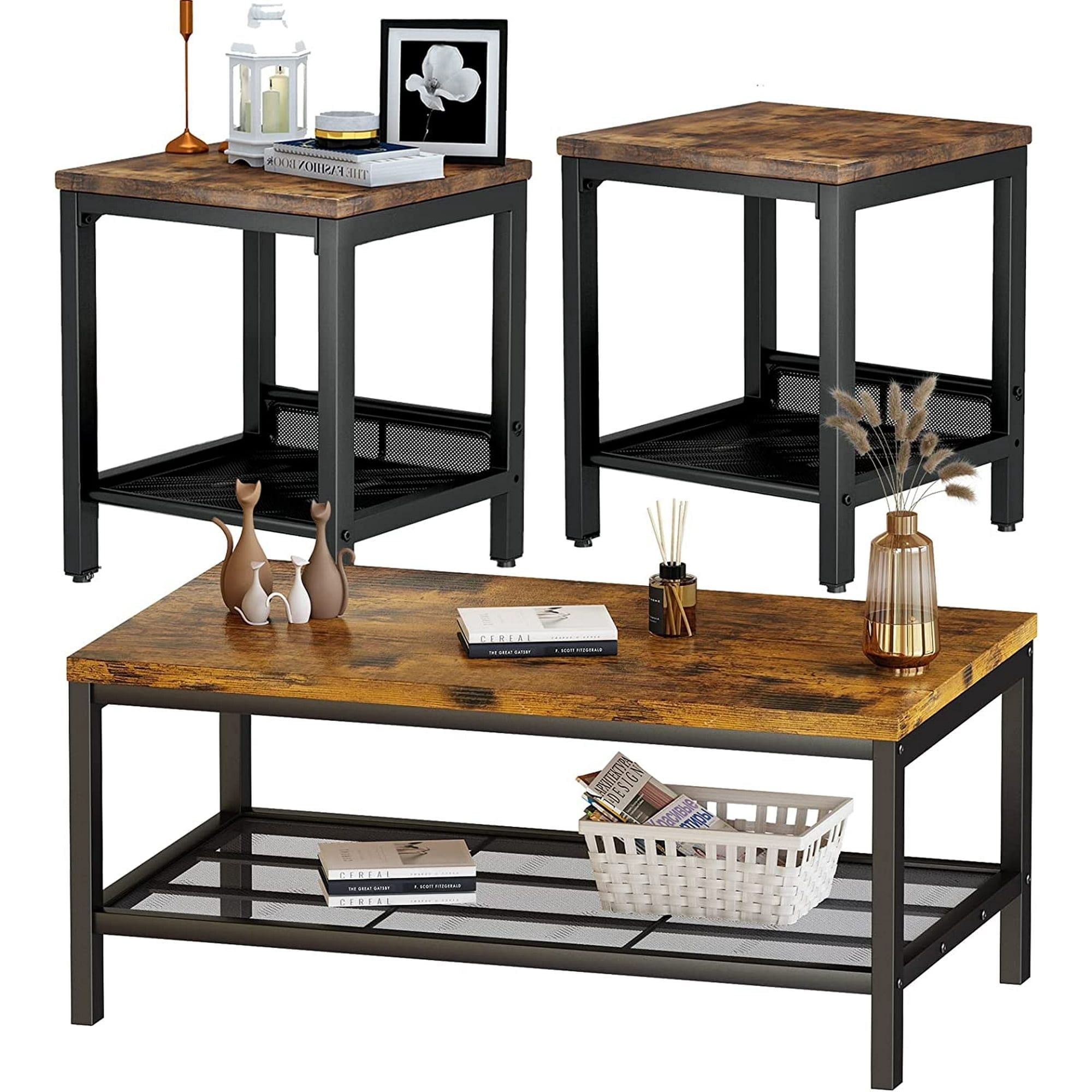 Lamerge Storage 3 Piece Modern Living Room Wooden Industrial Coffee ... for Unveiling the Industrial Coffee Table Set with Cantilever Design &amp;amp; Aged Bronze Frames