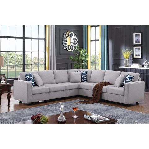 Large Fabric Linen Reversible Modular Modern Style Sectional Couch ... pertaining to Essick Sectional Sofa, Light Gray Linen
