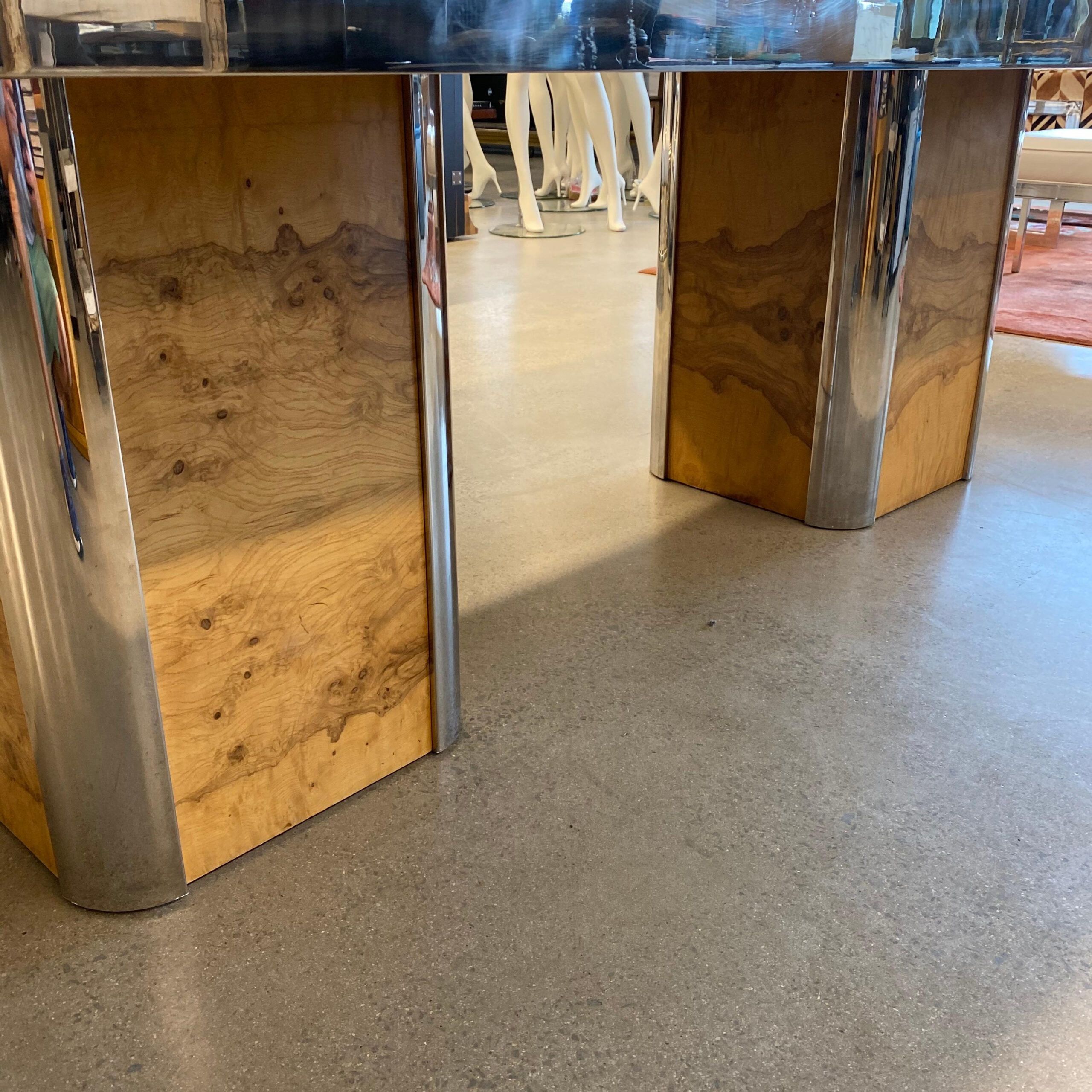 Large Pace Collection Dining Room Table Burl Wood And Chrome For Sale At 1Stdibs | Wood And ... intended for The Art of Dining Room Table Placement and Design