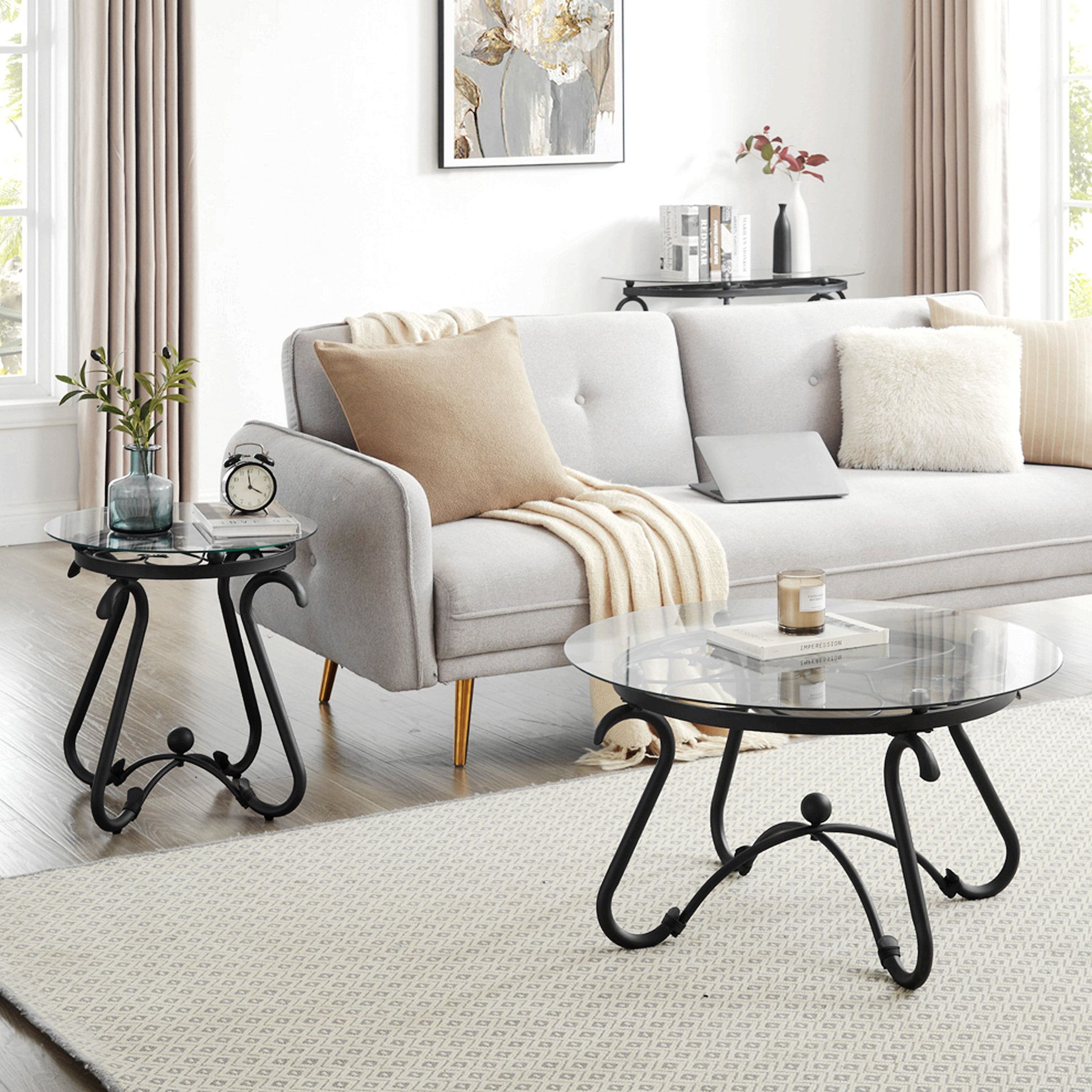 Lark Manor™ 2-Piece Tempered Glass Coffee Table Set, Rustic Black Design For Living Room | Wayfair with Norden Coffee Table Set, 2-Piece, Black/Bronze