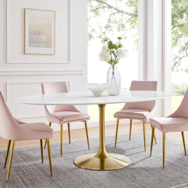 Lippa Oval Dining Table With Gold Base, 78&quot; - Midcentury - Dining Tables - By Homesquare | Houzz for Lippa 78&quot; Oval Wood Top Dining Table In White