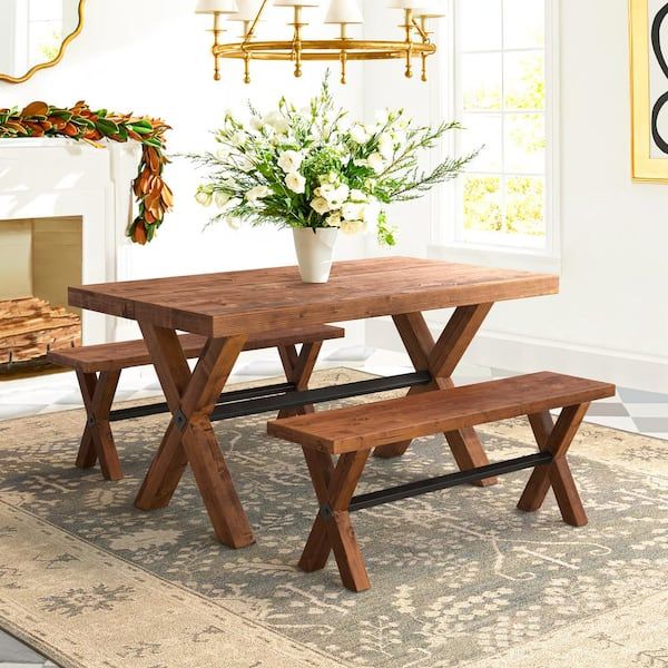Lue Bona 3-Piece 59 In. L Rectangular Light Brown Solid Wood Dining Table Set With 2-Benches ... intended for Styling Your Rebellah Walnut Brown Rectangular Table for Every Occasion