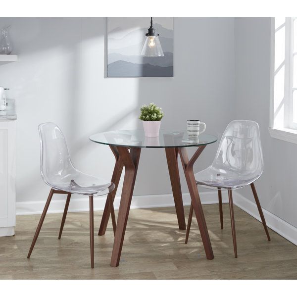 Lumisource Folia-Clara Mid-Century Modern Round Dining Set In Walnut ... in Clara Table, Walnut Metal, Clear Glass